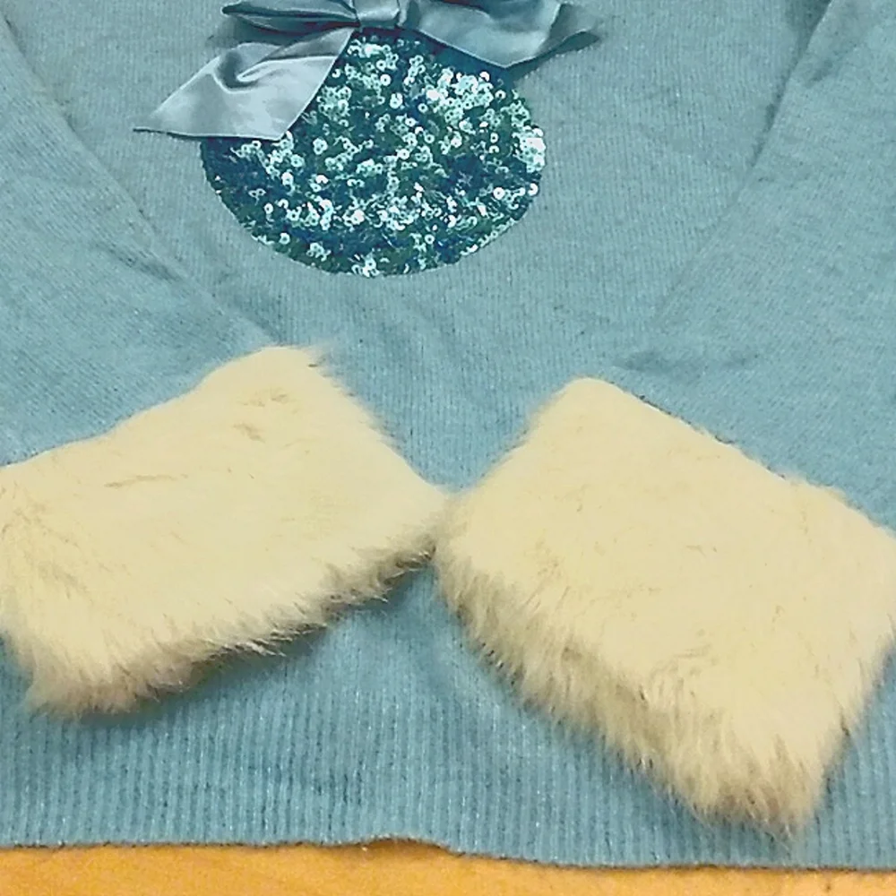 Fun, festive "Holiday Time" light blue super soft sweater with white faux fur - Picture 2 of 5